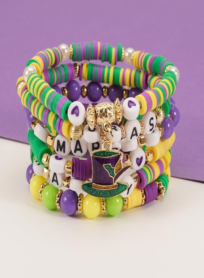 Lonext Mardi Gras Bracelets for Women Glitter Fleur De Lis Mask Jester Hat Charm Bracelets Beaded Stretch Bracelet Set for Carnival Parade Outfits Mardi Gras Accessory - Image 5
